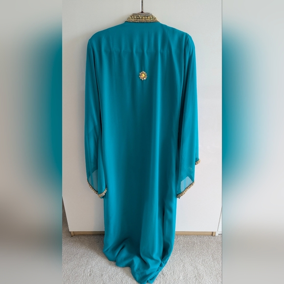 Arabian Party Dress Middle Eastern Blue Teal Turquoise Caftan Embellished beaded - Picture 11 of 12